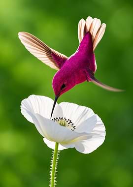 Vibrant Magenta Hummingbird and White Poppy
