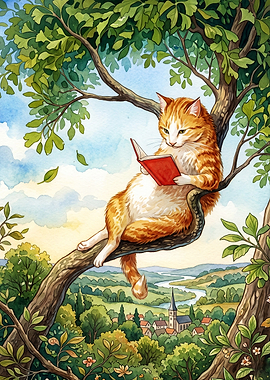 Cat Reading Book Watercolor Poster