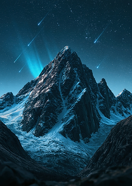 Majestic Snowy Mountain Under Meteor Shower