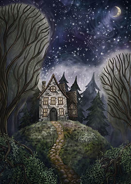 Starry Night Cottage Fantasy Art