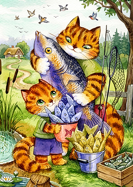 Cat Fishing Catch Watercolor Art