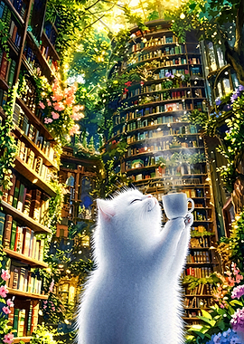 Cat Library Tree Coffee Fantasy Art