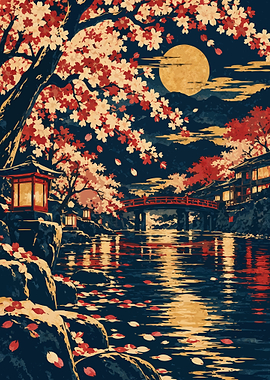 Nighttime Japanese Cherry Blossom River Scene