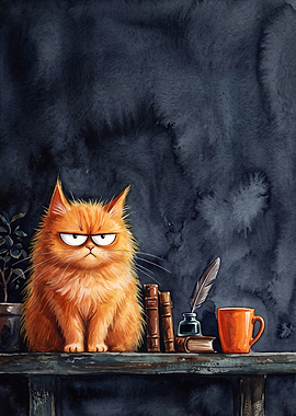 Grumpy Cat Reading Watercolor Art
