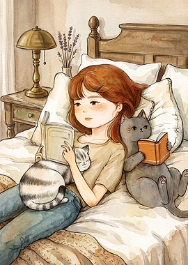 Girl Reading With Cats Watercolor A