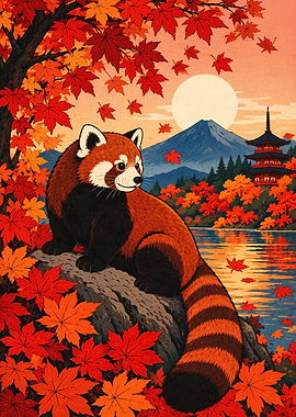 Red Panda in Autumn Japanese Landscape