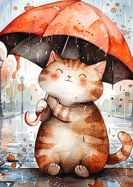 Cat Umbrella Rain Watercolor Art