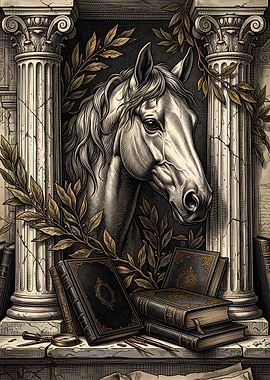 Classical Horse Portrait with Books
