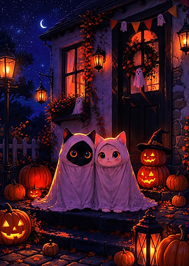 Two Cute Cats Dressed as Ghosts