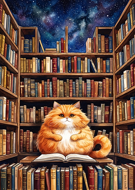 Cat Library Galaxy Cosmic Book Art