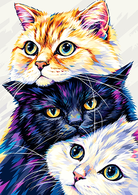 Colorful Stacked Cats Portrait
