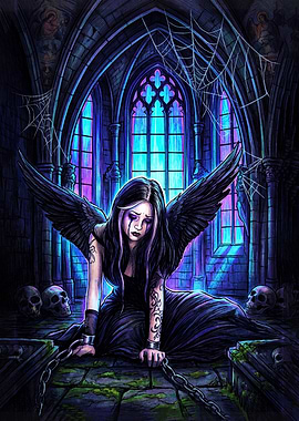 Sad Fallen Angel in Gothic Cathedral