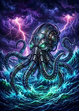 Cybernetic Mechanical Octopus in Stormy Sea. kraken posters