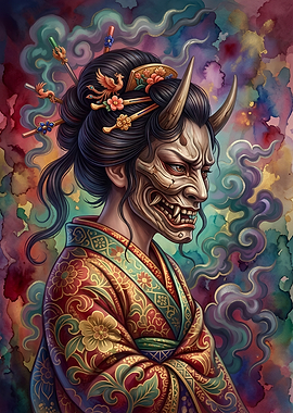 Hannya Mask Geisha Watercolor Portrait