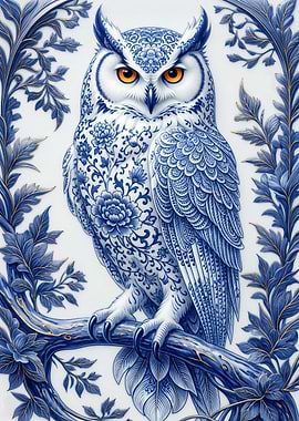 Blue and White Porcelain Style Owl