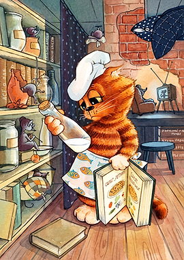Cat Chef Kitchen Cooking Watercolor