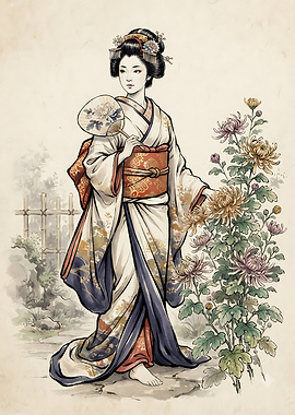 Geisha with Chrysanthemums in Traditional Style