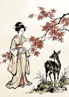 Geisha and Deer in Autumn
