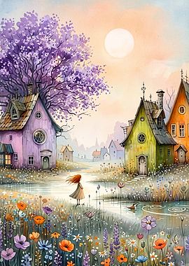 Fantasy Village Watercolor Poster