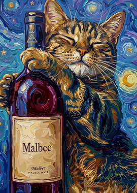 Cat Hugging Malbec Wine Bottle