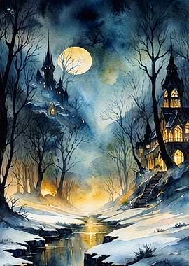 Gothic Castle Moon Watercolor Art