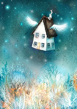 Flying House Fantasy Watercolor Art