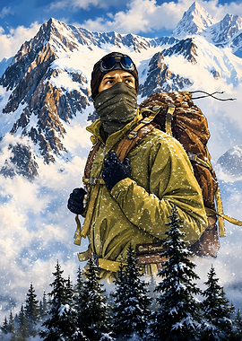 Adventurer in Snowy Mountain Landscape