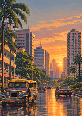 Philippine Jeepney in Golden City Sunset