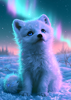 Cute Arctic Fox Under Northern Lights