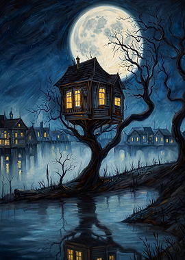 Treehouse Moon Night Oil Painting