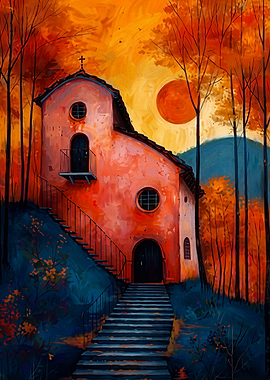Autumn Church Sunset Painterly Post
