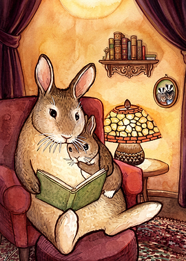 Rabbit Reading Cozy Watercolor Art