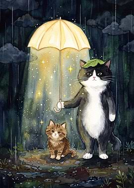 Cat Umbrella Magic Watercolor Art