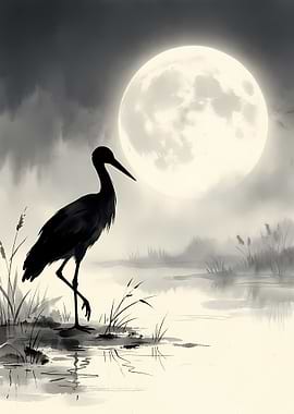 Stork Silhouette Under Full Moon