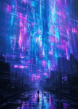Lone Figure in Cyberpunk Cityscape