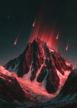 Red Meteor Shower Over Snowy Mountain