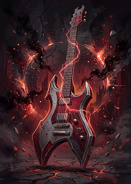 Electric Guitar with Lightning and Fire
