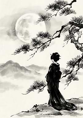 Geisha Under Moonlight and Pine