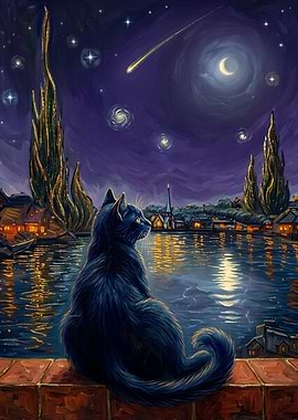 Black Cat Watching Starry Night
