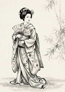 Elegant Geisha with Fan Ink Drawing