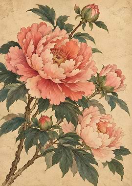 Vintage Botanical Peony Illustration