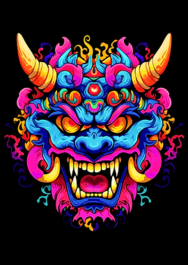 Neon Psychedelic Oni Mask Illustration