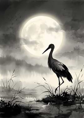 Stork Silhouette Under Full Moon