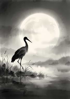 Crane Silhouette Under Full Moon