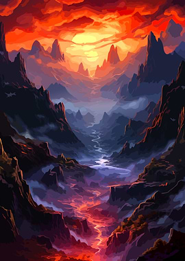 Fiery Sunset Over Mountain Valley
