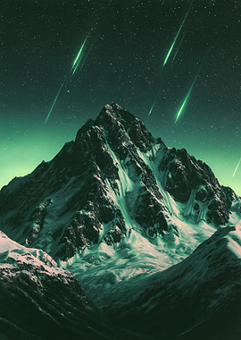 Green Meteor Shower Over Snowy Mountain