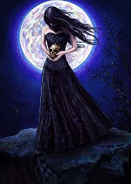 Gothic Woman Holding Skull Under Moon