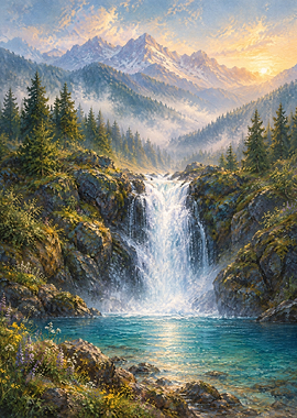 Majestic Mountain Waterfall at Sunset