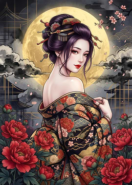 Elegant Geisha with Peonies and Moon