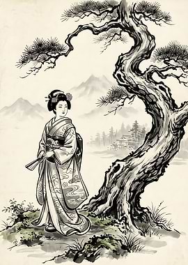 Geisha Standing Under Pine Tree